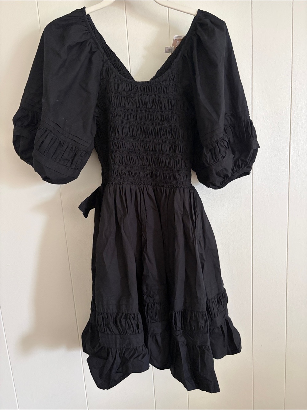 Cleobella Black Smocked Puff-Sleeve Mini Dress